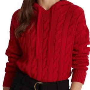 Lauren Ralph Lauren Medium Sweater Cable Knit Hood Pullover Red Cotton Holiday